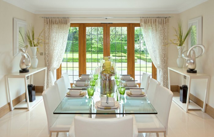 glass table, white chairs